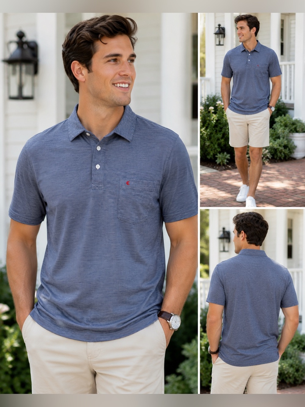 Criquet Polo Shirt Men’s Large Slim Fit Blue Striped Pocket Golf Casual Cotton